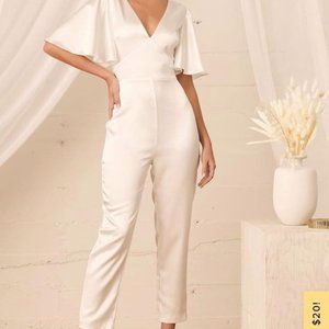 Forever Awaits White Satin Flutter Sleeve Jumpsuit